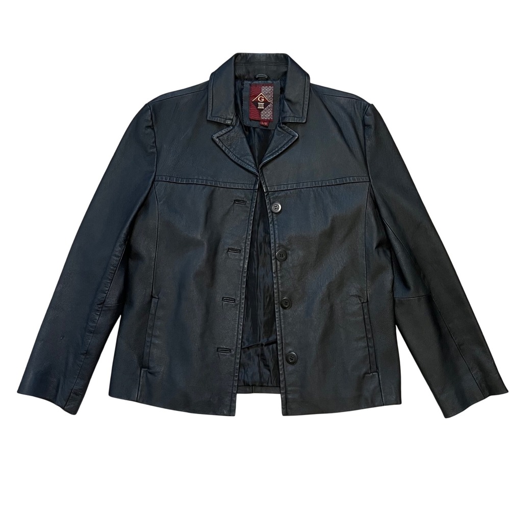 Vintage G-III Black Genuine Leather Jacket Womens Large 90s button up  Y2K Biker